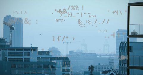 Futuristic urban landscape with digital code overlay