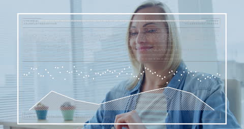 Businesswoman Analyzing Graphs with Futuristic Data Overlay