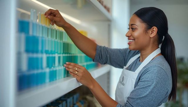 Smiling retail worker arranging paint color swatches on shelf showcasing gradient palette