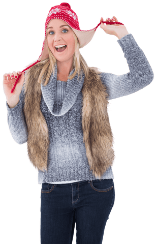 blonde woman warmly dressed for winter with a joyful expression on transparent background. ideal for seasonal advertisements, fashion blogs, or holiday-themed promotions emphasizing cozy winter style.