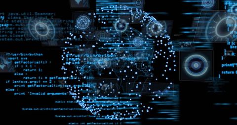 Futuristic digital sphere with virtual interface and code elements