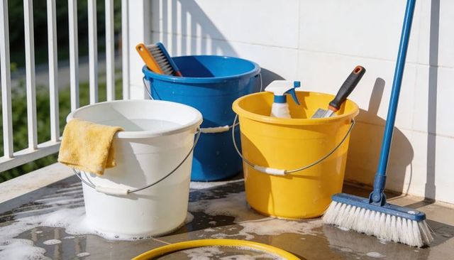 Buckets holding cleaning supplies on sunny balcony with suds and scrub brush