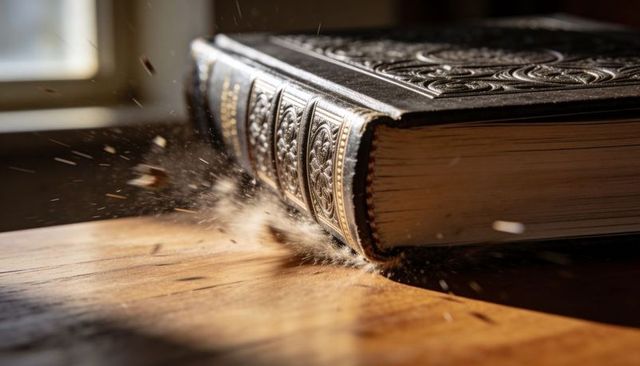 Antique leather-bound book shedding dust on sunlit wooden table with embossed gilded spine