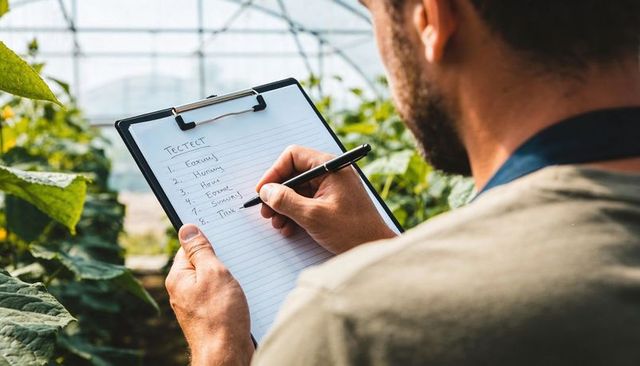 Greenhouse worker inspecting crops and writing clipboard checklist for crop quality control