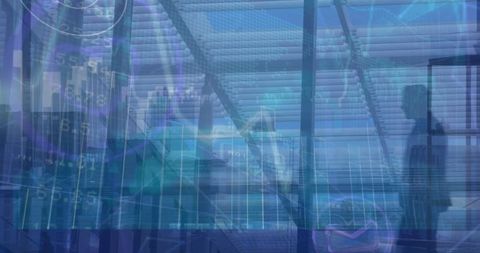 Futuristic business environment with digital data overlays