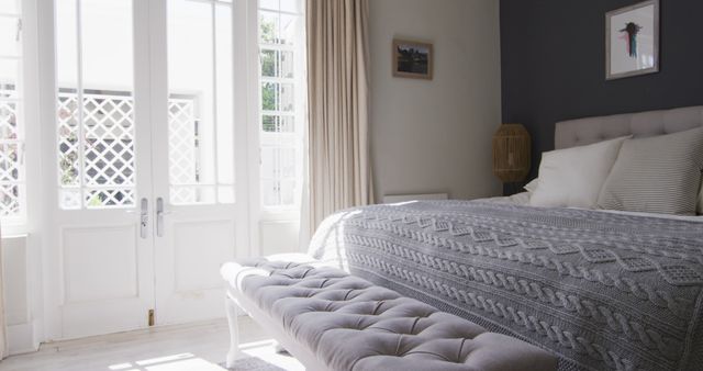 Bright Cozy Bedroom with Large French Doors and Comfortable Bed - Download Free Stock Photos Pikwizard.com