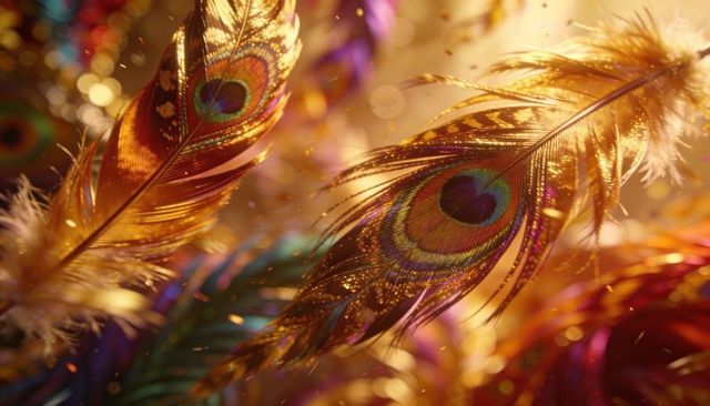 Shimmering peacock plumes showing iridescent ocelli, golden glitter and soft bokeh