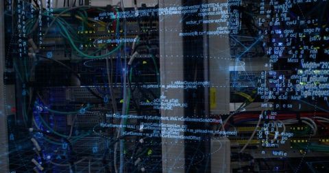Data center server rack with network cabling and code overlay for cloud security