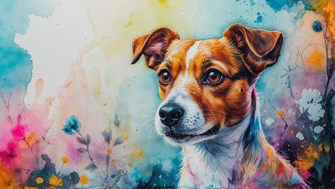 Artistic watercolor terrier with colorful floral design