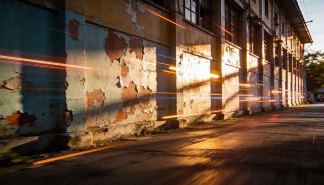Sunlight hitting weathered facade with peeling paint and motion light trails