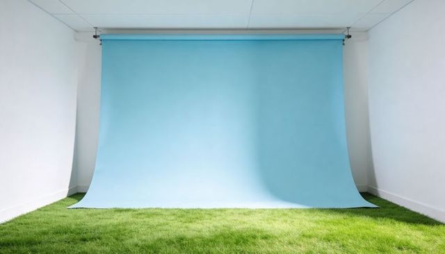 Blue seamless backdrop curving over green grass floor in minimal studio cyclorama