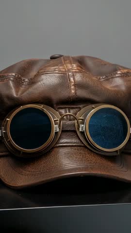 Vertical video showcasing vintage leather aviator cap with brass goggles moving into focus