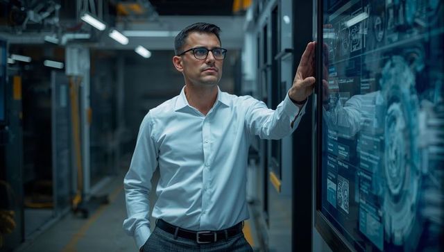 Engineer Using Touchscreen Display in High-Tech Manufacturing Corridor for Data-Driven Control