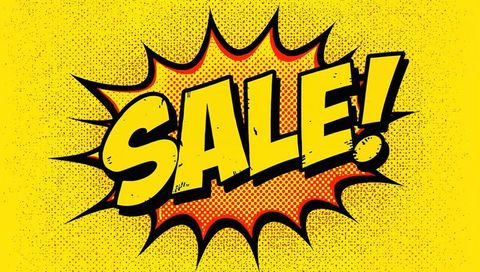Exploding retro comic sale burst with bold yellow type and red halftone dots