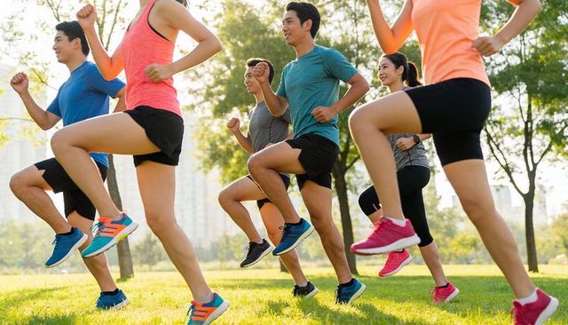 Energetic group bootcamp raising knees in sunlit urban park for outdoor cardio training