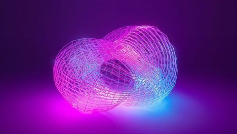 Glowing double-torus wireframe sculpture resting in neon magenta and cyan gradient light