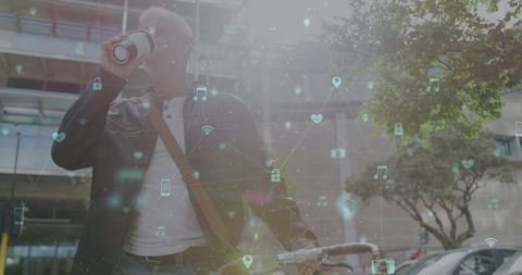 Senior Man Drinking Coffee with Abstract Social Media Digital Icons