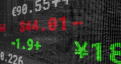 Flashing led ticker overlaying financial skyline with currency symbols and ransomware