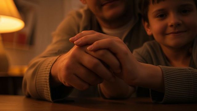 Warm intimate parent and child holding hands at wooden table under lamp glow
