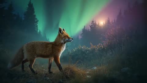 Red fox trotting beneath aurora borealis in moonlit boreal forest at night
