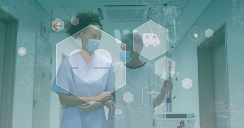 Nurse assisting senior walking with iv pole in hospital with telehealth icons overlay