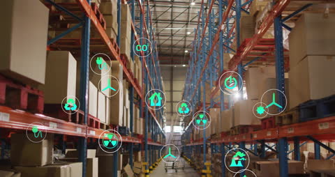 Digital Health Icons Over Sustainable Warehouse