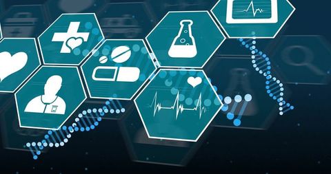 Digital Healthcare Icons and DNA Overlay on Blue Background