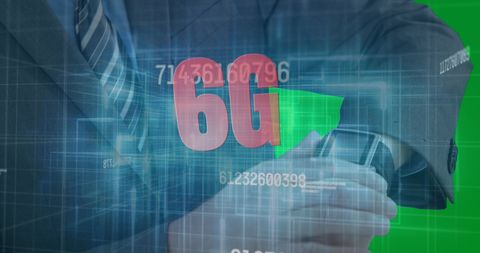 Businessman engaging with futuristic 6g technology visualization