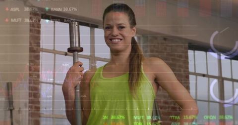 Fitness Instructor Posing with Barbell and Stock Chart Overlay