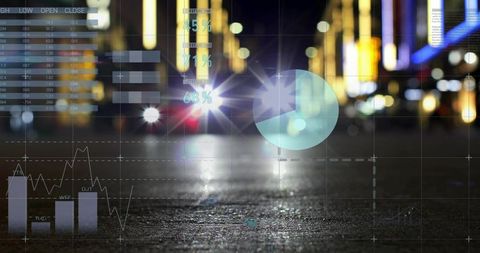 Wet Asphalt Reflecting Headlights with Futuristic HUD Pie Chart Overlaying Urban Night City