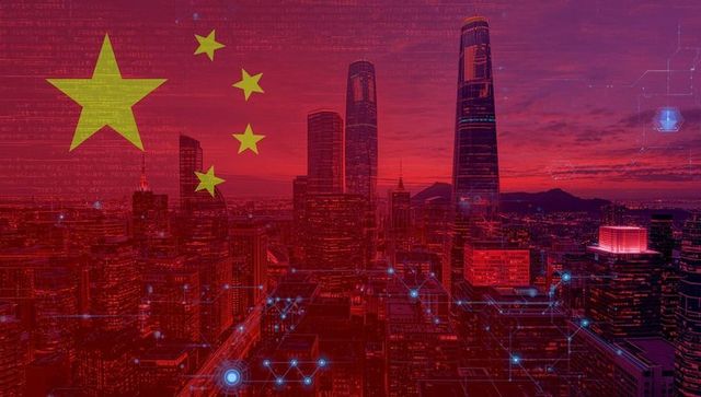 Futuristic Shanghai Skyline with Digital Network and Chinese Flag Overlay