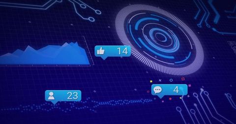 Concentric HUD Showing Neon Blue Analytics Bubbles, Social Metrics and Circuit Lines