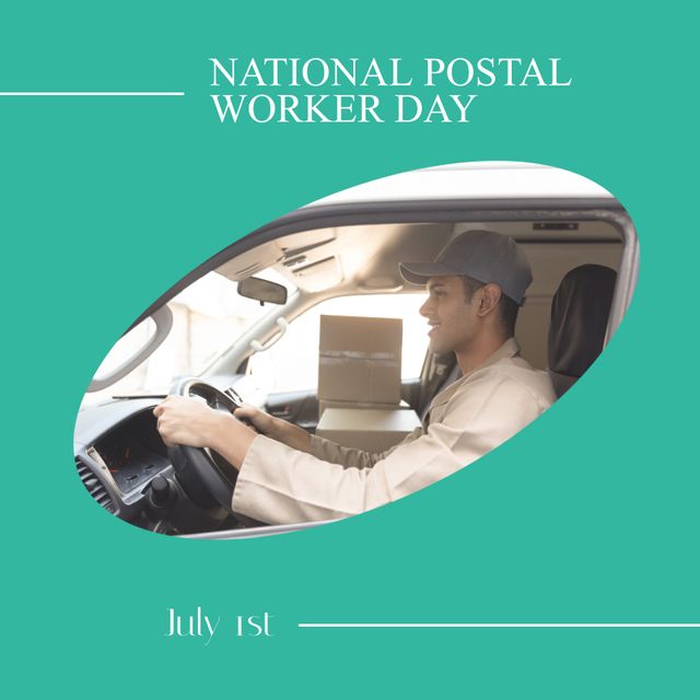 National Postal Worker Day Celebration with Smiling Delivery Man Driving Van - Download Free Stock Templates Pikwizard.com