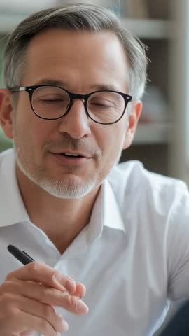 Vertical video: Business leader greeting, speaking and gesturing with pen in modern office