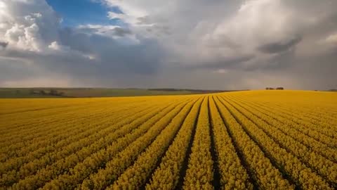 Drone Navigating Vast Canola Fields against Dramatic Sky with Cumulus Clouds