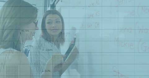 Global finance strategy with businesswomen analyzing data