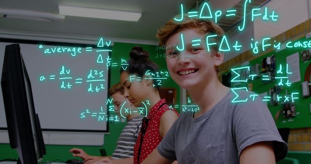 Teen students engaged in learning physics in a classroom environment, with male and female students using computers and a blackboard filled with mathematical equations. Great for educational materials, tutorials, school websites, and promotional materials about STEM education and academic environments.
