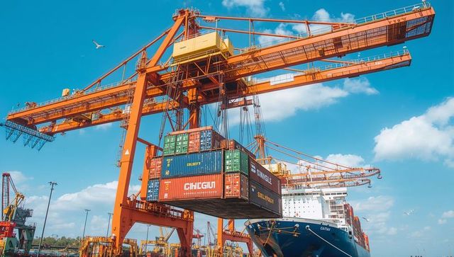 Orange gantry crane hoisting stacked multicolor shipping containers at busy port terminal