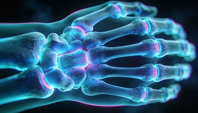 Displaying neon 3D hand skeleton highlighting carpal metacarpal and phalangeal joint glow