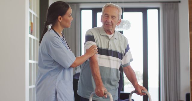 Image of biracial female doctor taking care of caucasian senior man. seniors health and nursing home lifestyle concept digitally generated image.