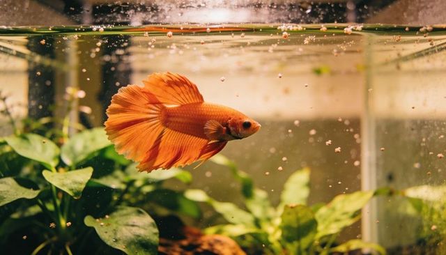 Orange betta fish gliding near surface in planted aquarium with driftwood and bubbles macro