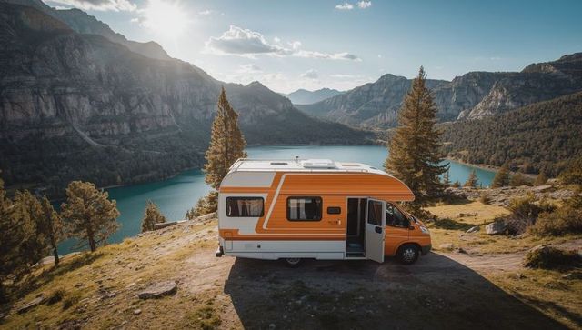 Vibrant RV Overlooking Scenic Lake and Mountain Landscape