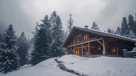 Evening Snowfall at Alpine Lodge, Timber Cabin with Warm Lights in Misty Evergreen Forest