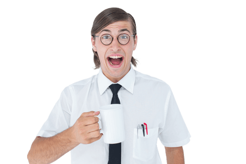 Transparent Perky Businessman Holding White Coffee Mug with Joy - Download Free Stock Videos Pikwizard.com