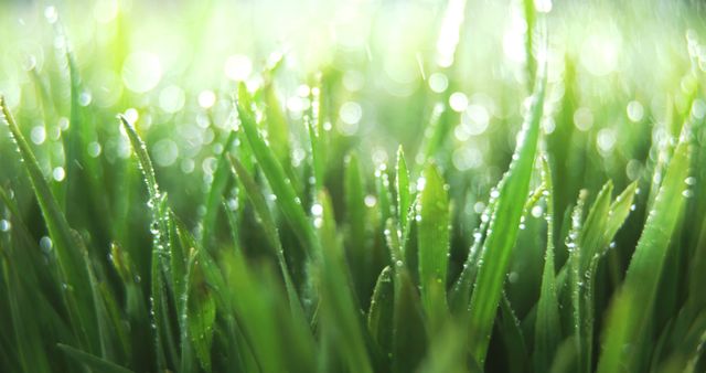 Close-up view of fresh green grass with morning dew drops glistening in the sunlight. It captures the essence of a new day and the beauty of nature's small wonders.