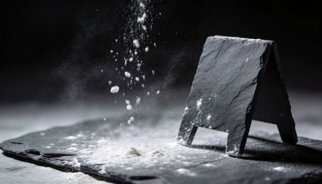 Sifting flour dust over dark slate a-frame sign with dramatic low-key lighting