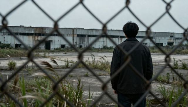Man standing in front of abandoned warehouse framed by chain-link fence, moody solitude