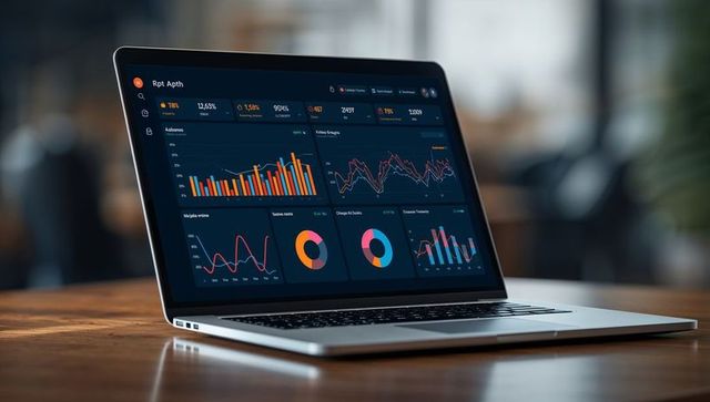 Silver laptop showing dark analytics dashboard with colorful bar, line, donut charts