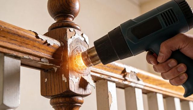 Close-up heating wood banister with heat gun for paint stripping and restoration