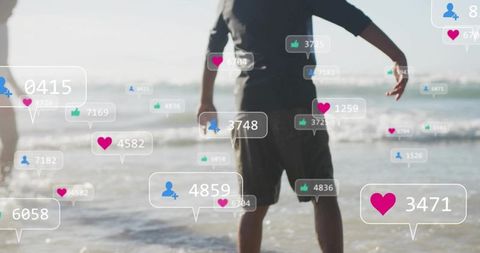 Teen wading at sunlit shoreline with floating social media likes and follower badges overlay